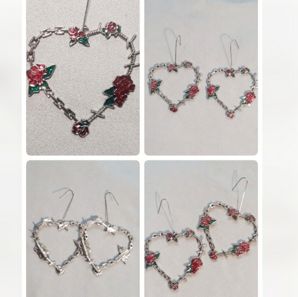 Gothic Heart Chain Link Earrings with Rose and Barbed Wire / Rose Dangle Earring - Picture 8 of 9
